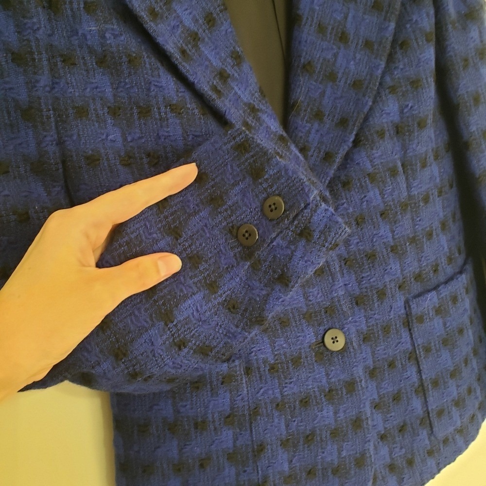 Jaeger London Blazer Jacket Blue Black Patterned Velvet Trim Cobalt - Picture 5 of 13